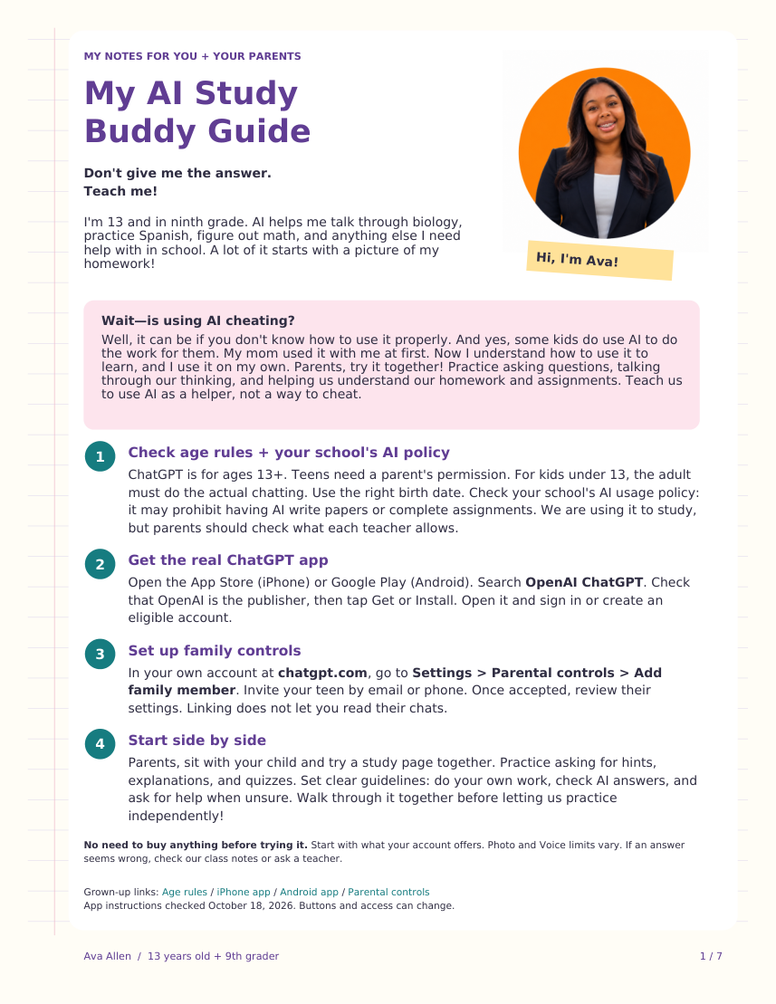 Preview of Ava’s AI Study Buddy Guide, with Ava’s photo and study tips